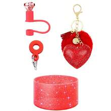 4 Stücke Zubehör-Set für Becher, Diamant-Strohhalm-Abdeckkappe, Glitzer-Silikonhülle für Becher, Silikonanhänger für Strohhalme, Diamant-Herz-Anhänger mit Bommel-Schlüsselanhänger, für Outdoor-Aktivitäten, Valentinstag
