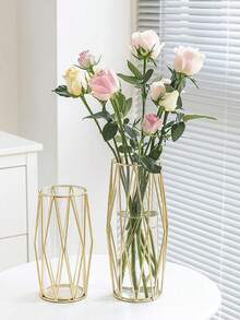 1pc Iron Geometric Simple Glass Hydroponic Vase, Classic Geometric Cylindrical Shape Light Luxury Style Vase, Home Decoration, Suitable For Living Room Wine Cabinet, Desktop Decoration