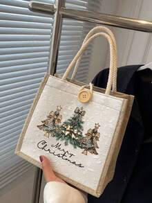 1pc Christmas Print Linen Tote Bag, Reusable Printed Women'S Tote Bag, Double Handle Shopping School Bag, Large Capacity Shoulder Bag, Casual Tote Bag, Christmas Storage Bag, Suitable For Commuting, School And Shopping, Convenient For Outdoor Use, Gift For Friends And Besties, Teacher Gift, Perfect Choice For Vacation And Festival