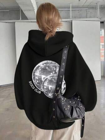 Disco Element, Women's Hundred Light Gray Drawstring Hoodie Loose Fit Casual Street Sports Style Women's Autumn And Winter New Curve Oversize Sweatshirt Sweatshirt