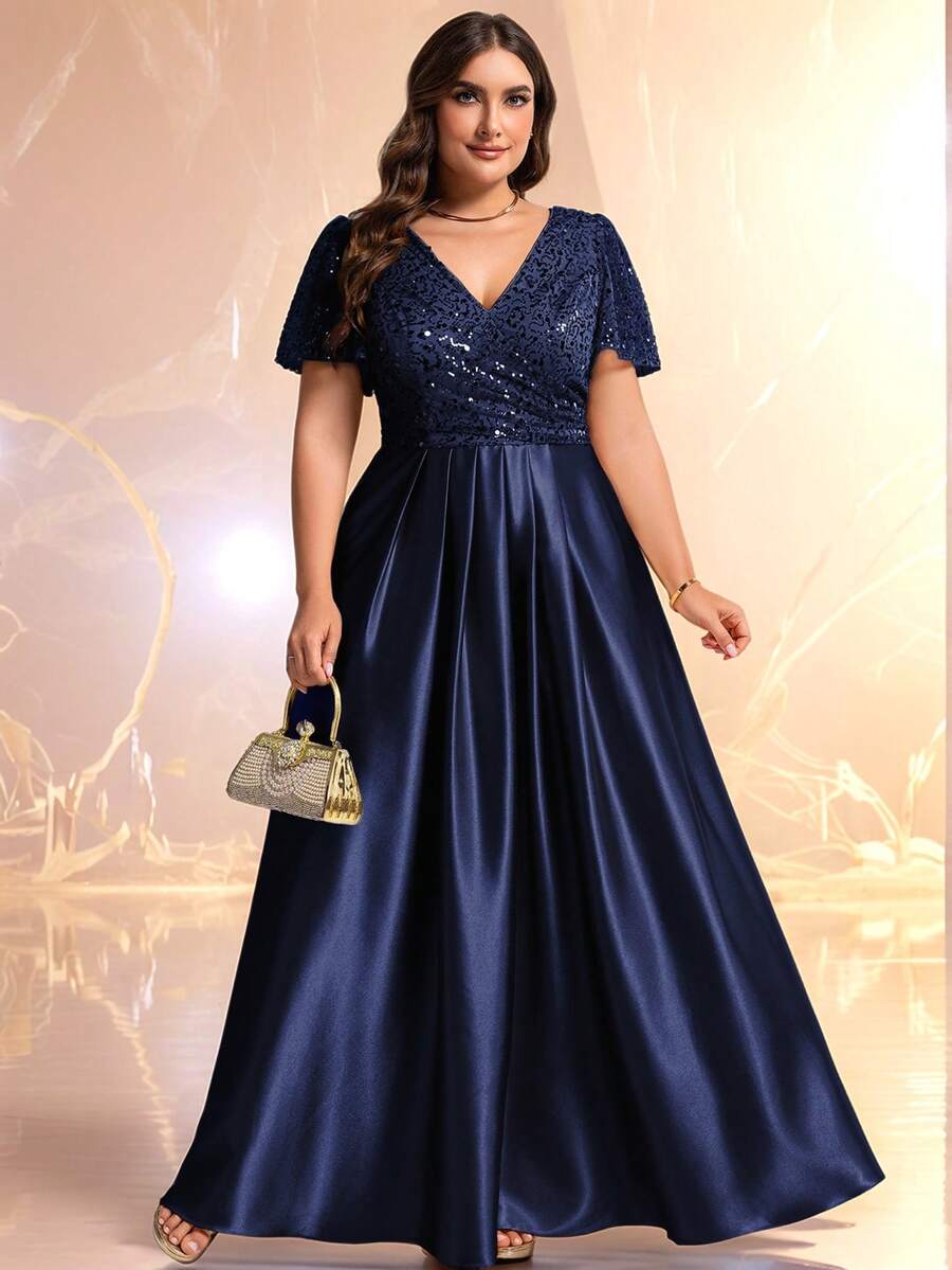 Elisanya 女士秋季闪光亮片V领短袖晚礼服海军蓝正式连衣裙派对晚宴婚礼宾客礼服 - 查看 1