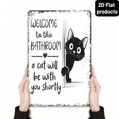 2D Flat Vintage Black & White Cat Wall Art - "Welcome To The Bathroom" Funny Metal Sign - Retro Cat Design Bathroom Decor - Metal Made Metal Plaque 12.8 Inches