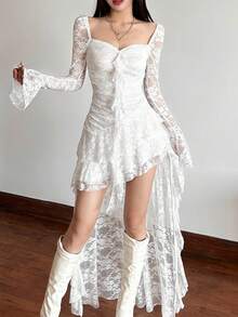 Đầm ren chắp vá cổ vuông tay dài màu trơn thời trang cạp cao Dazzle - trắng - Xem 2