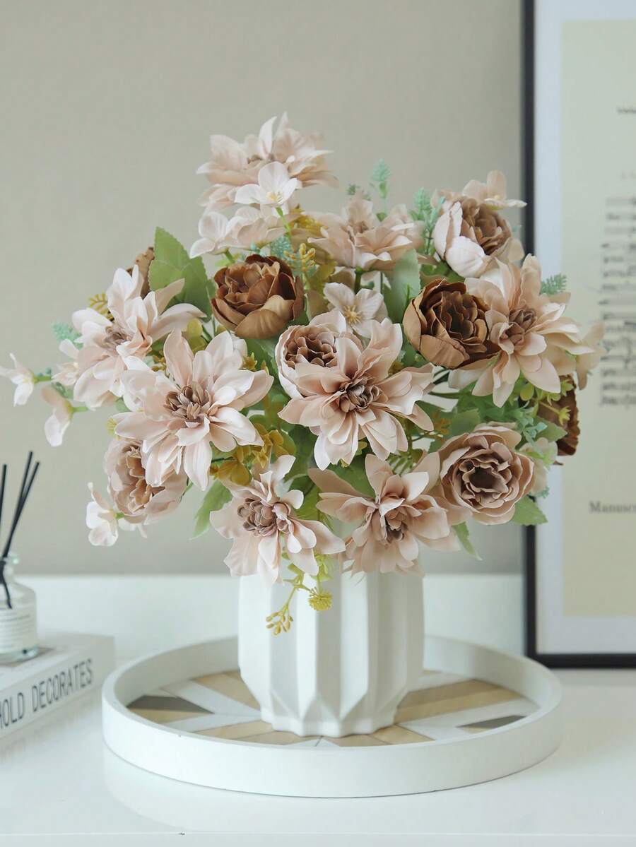 1/3/5PCS Artificial Peony Flowers 6-Head Silk Hydrangea Hibiscus Rose Bouquet For Wedding Decoration, Bride Holding Wrist Flower Material DIY Wreath Vase For Home, Outdoor Garden Decoration, Valentine's Day Gift, New Year Decoration - Brown - View 1