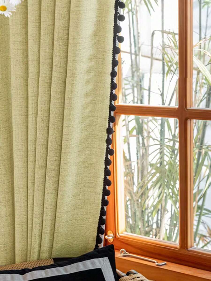 1pc Matcha Green Linen Sheer Curtain, Semi-Sheer For Bedroom, Living Room, Balcony