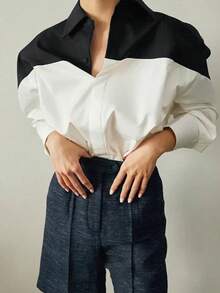 Women's Elegant And Fashionable Blouse, Color Block Long Sleeve Shirt With Button Cuffs, Suitable For Daily And Work Wear, Spring/Summer - Black and White - View 4