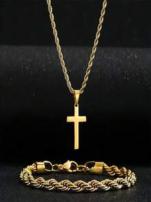 2Pcs/Set Men's Cross Pendant Necklace Hand Chain Necklace Set Fashionable And Simple Braided Design Suitable For Streetwear And Hip Hop Style Gift