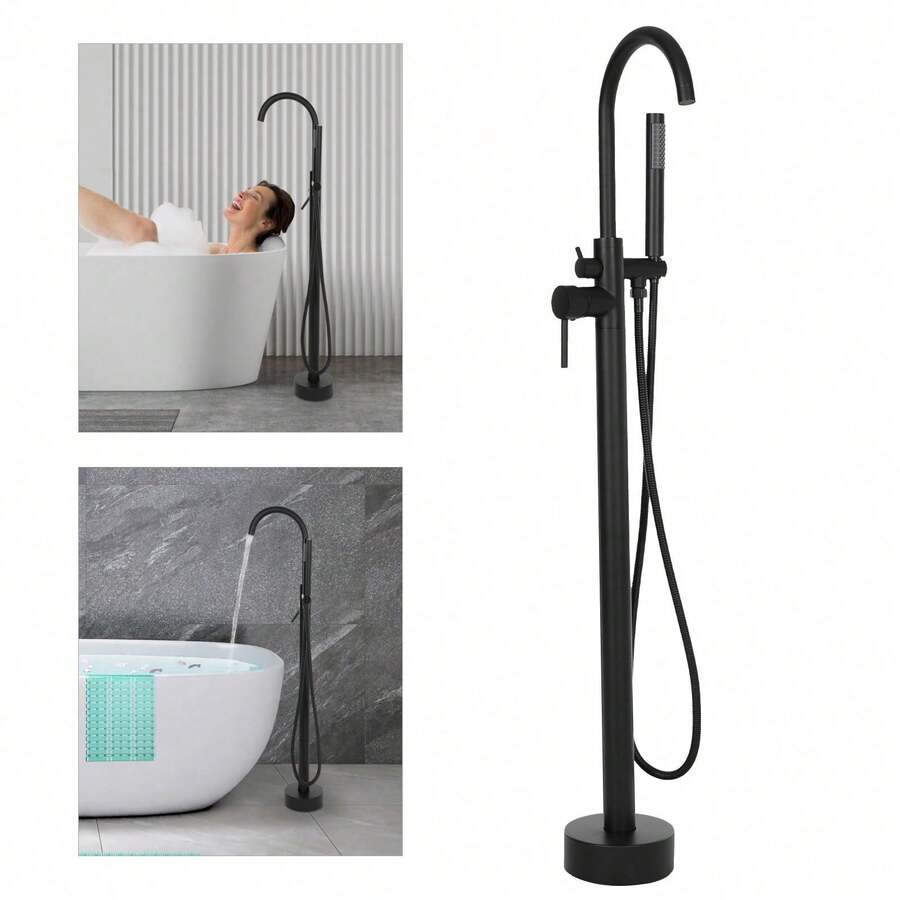 Black Floor-Standing Bathtub Faucet Stainless Steel - Black - View 1