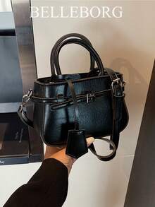 Casual Contrast Color Texture Versatile Commute Retro Leather Buckle Small Handbag For Women - màu đen - Xem 2