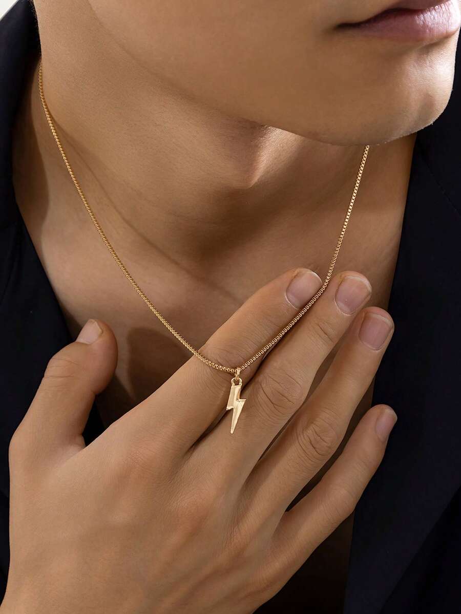 1pc Fashionable Punk Minimalist Lightning Pendant Necklace, Suitable For Men's Daily Wear, Gift For Friends And Holidays - Yellow Gold - View 1