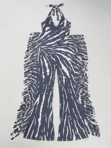 SEBOWEL Tie Dye Print Tassel Pants Slim Jumpsuit For Women Sexy Lace Up Halter V Neck Backless Casual Rompers One Piece Fashion Y2K - Xám - Xem 5