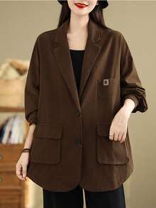 Women's Plus Size Fall Retro Oversized Blazer - European-Style Utility Jacket, Loose Fit & Figure-Flattering, Casual Fashion Outerwear