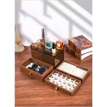 Multi-Layer Jewelry Box, High-End Elegant Necklace Earring Storage Box, Large Capacity Walnut Grain Jewelry, Glasses, Watch Display Case