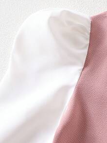 Girls' Sweet Bowknot Puff Sleeve Waist Splice Dress, Spring/Autumn