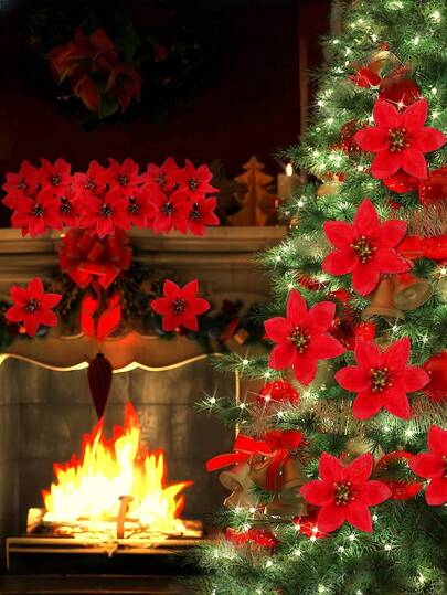 Buissons artificiels de poinsettia de Noël, bouquets de fleurs artificielles de Noël en velours, buissons de poinsettia faux de 17,7 pouces avec 12 têtes, pour décorations intérieures et extérieures de la maison, du parti, de l'arbre de Noël, de la couronne de cimetière extérieur, des décorations de jardin de mariage, centre de table