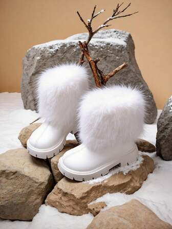 1 Pair White Princess Mid-Calf Boots For Girls, Fashion Zipper Design, Anti-Slip Rubber Soft Bottom, Warm Fur Collar, Soft PU, Thick Sole, Elevated, Suitable For Performance, Skiing, Snowball Fighting, Infant & Toddler Girls, Winter 2025 New Arrival