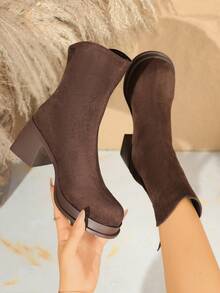 Thick Sole Chunky Heel Fashion Versatile Boots Women High Heel Vintage Back Zipper Ankle Boots, Suitable For Party, Office, Vacation, Outdoor, Spring/Autumn - Brown - View 9