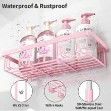 Pink Bathroom Accessories 5-Pack Rust-Proof And Waterproof Shower Rack, No Drilling Required, Stick-On Storage Rack With Toothbrush And Soap Holder, Large-Capacity Storage Rack