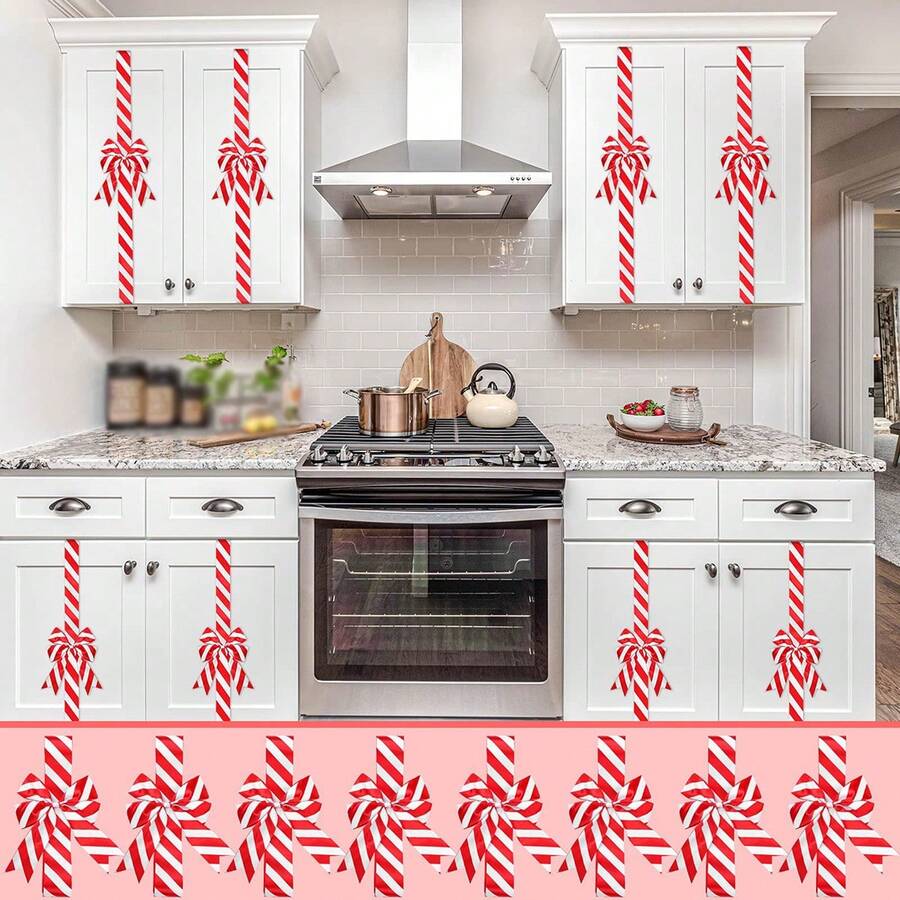 6pcs Christmas Cabinet Door Bows Set Large Striped Print Satin Ribbon Bows For Home Kitchen Furniture Decor - Red - View 1