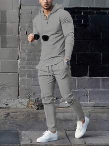 2pcs Men's Long Sleeve Hoodie + Pants Co-Ord Set, Solid Color Waffle Knit Casual Suit Clothes For Autumn