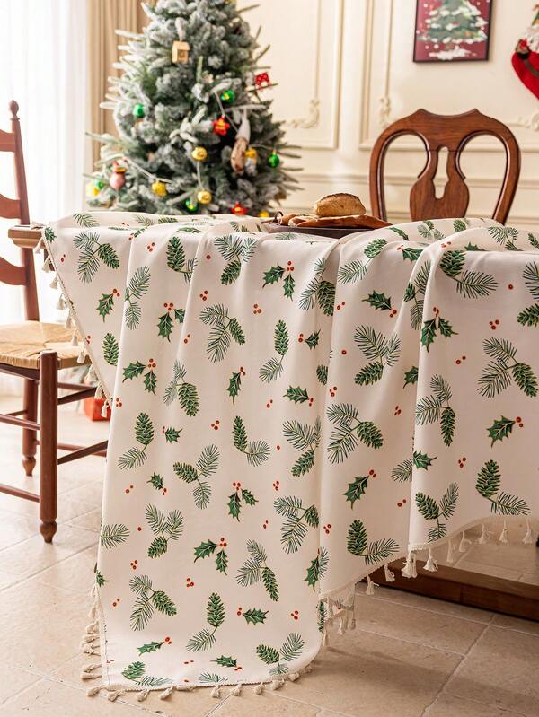 1pc Christmas Tablecloth, Green Pine Cone & Leaf Print, Beige Tassel Decor, Rectangular Dining Table Cover, 3D Bamboo Texture, Washable, Holiday Party Tablecloth, Suitable For Kitchen, Dining Room, Living Room, Gathering, Party, Celebration, Christmas, New Year Decor And Gift, Merry Christmas
