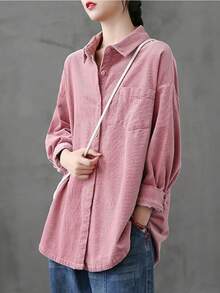 Women's Spring/Fall New Retro Corduroy Shirt Jacket - Collared Long-Sleeve Button-Front, Lightweight Woven Fabric, Pockets, Regular Length, Versatile Pink Casual Outerwear