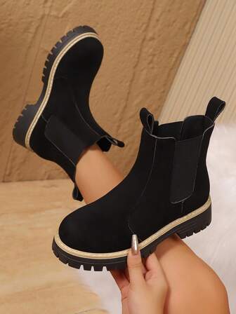 [British Style Boots] Women's Distinctive Black PU Ankle Boots - British Style, Comfortable And Fashionable, With Fuzzy Lining, Warm TPR Sole, Elastic Fit, Suitable For Casual Wear