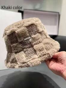 1 Piece/This Chessboard Color Block Plush Bucket-Shaped Bucket Hat Is Suitable For Women To Wear. It Is A Thick, Warm And Windproof, Fashionable And Cute Bucket Bucket Hat For Daily Outdoor Use In Autumn And Winter. Winter Warm