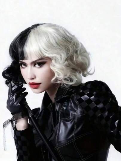 1 pièce/Perruque à la mode noire et blanche Yin-Yang bouclée pour femmes, de longueur moyenne, très adaptée pour toutes sortes de costumes et de jeux de rôle.