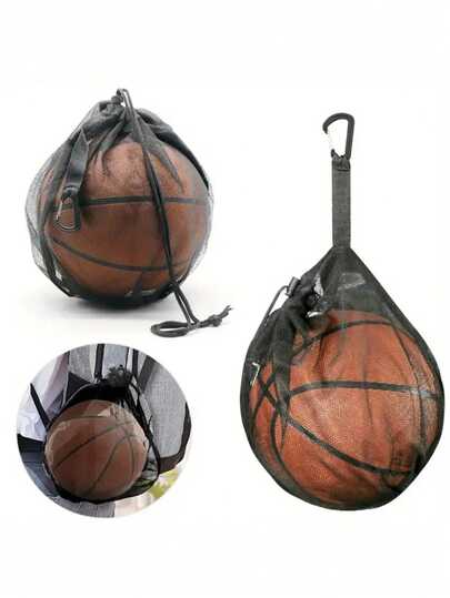 1-Pack Black Portable Basketball Net Bag, Durable Polyester Travel & Training Organizer With Drawstring Closure, Multiple Compartments For Sports Gear, Basketball Bag, Sports Equipment Storage, Functional Design, Sturdy Construction