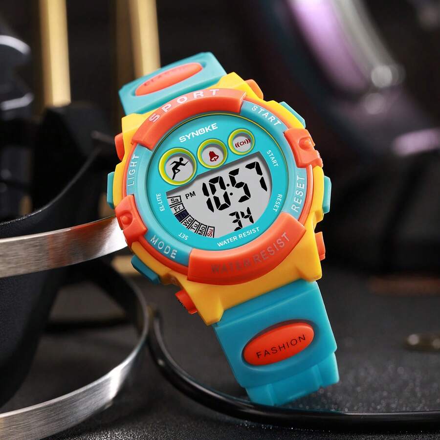 Children's Waterproof Sports Watches Waterproof Multifunction LED Electronic Digital Watches Kids Boys Girls Students Wrist Watch Birthday Best Gift - 橘色 - 查看 1