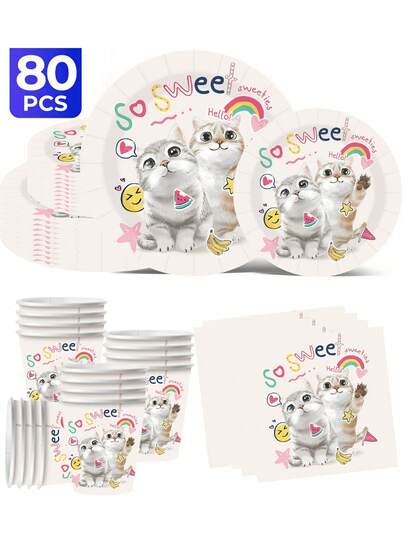 Kitten Themed 20/40/60/80/100 Disposable Cutlery Set, Including 7-Inch Paper Tray, 9-Inch Cardboard, 9-Ounce Cup, Napkins, Suitable For Daily Gatherings, Birthday Parties, Bridal Showers, Baby Showers, Clubs, Weddings, Tea Parties, Picnics, Outdoor Outings
