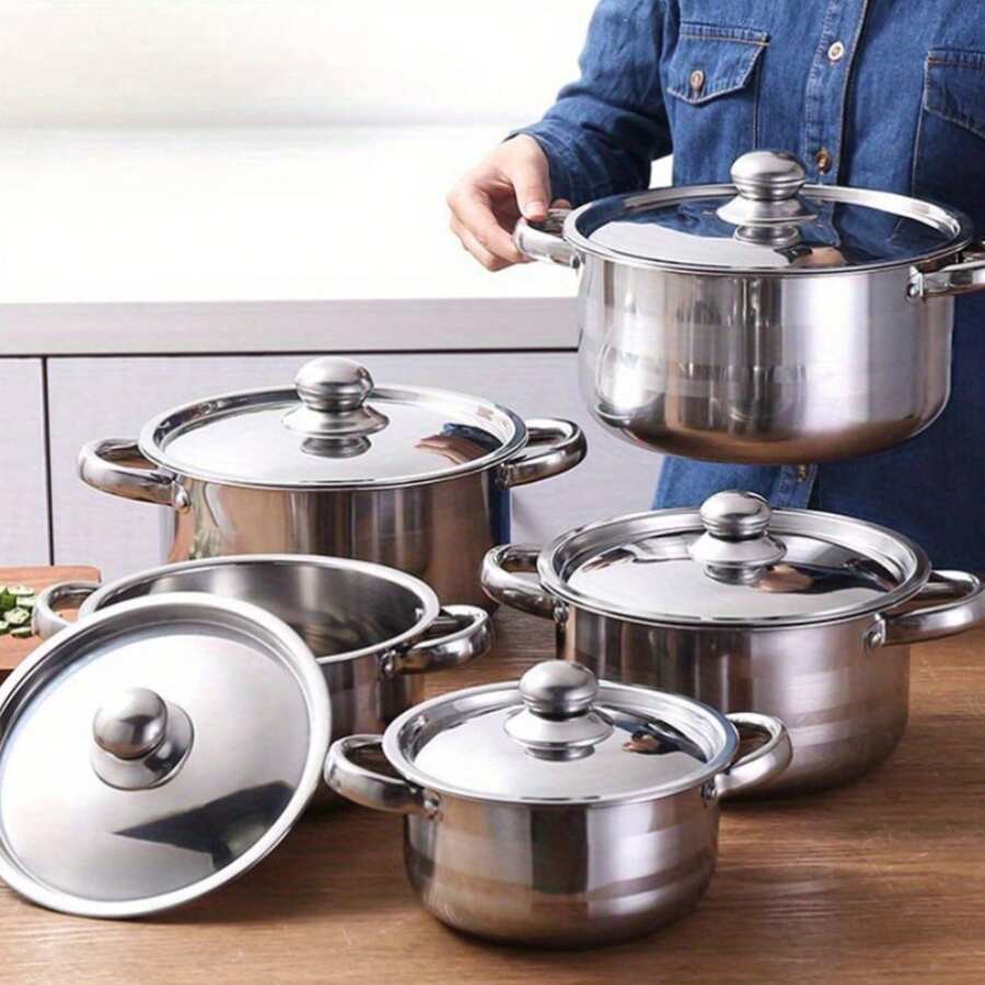 Juego de utensilios de cocina de acero inoxidable, 5 ollas con 5 tapas y olla con doble asa para cocinar en casa. - Plateado - Ver 1