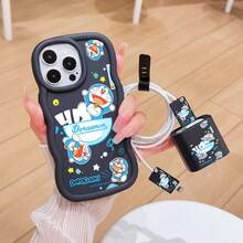 Doraemon Estuche de teléfono y set de cable de datos con diseño de dibujos animados de Doraemon con licencia auténtica, compatible con iPhone 17, 16, 15, 14, 13, 12, 11 y varios modelos