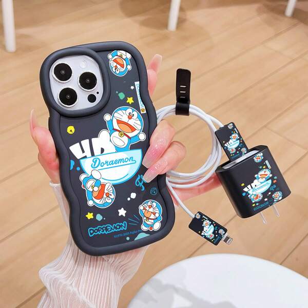 Doraemon Estuche de teléfono y set de cable de datos con diseño de dibujos animados de Doraemon con licencia auténtica, compatible con iPhone 17, 16, 15, 14, 13, 12, 11 y varios modelos