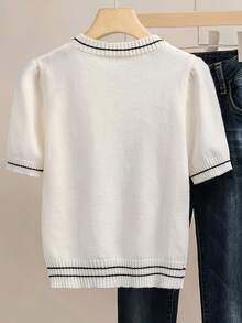 New Knit Versatile Colorblock Round Neck Short Sleeve Casual Slim Loose Cropped Top White Spring - White - View 2