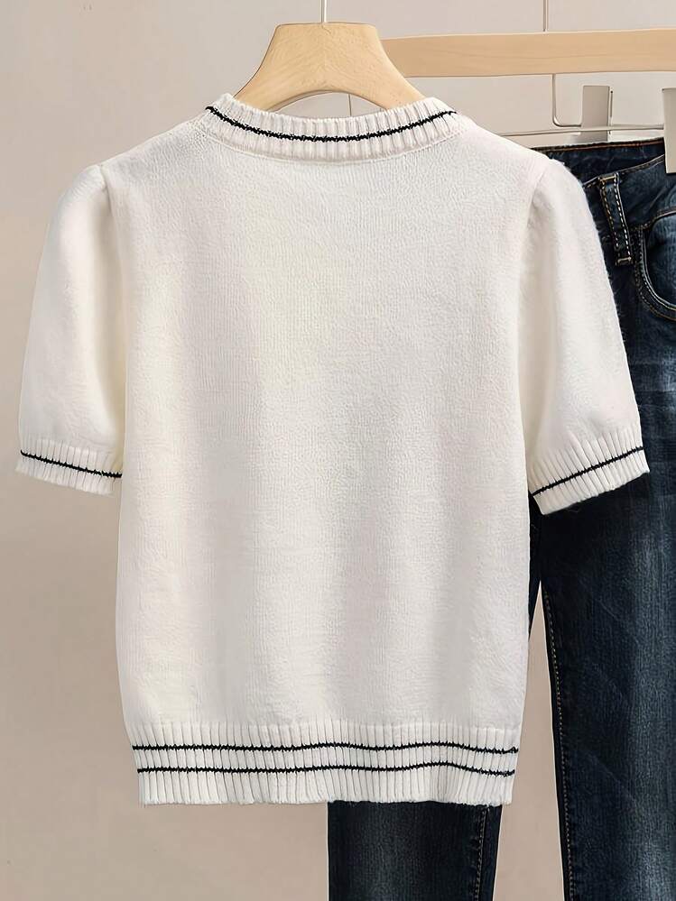 New Knit Versatile Colorblock Round Neck Short Sleeve Casual Slim Loose Cropped Top White Spring - White - View 2