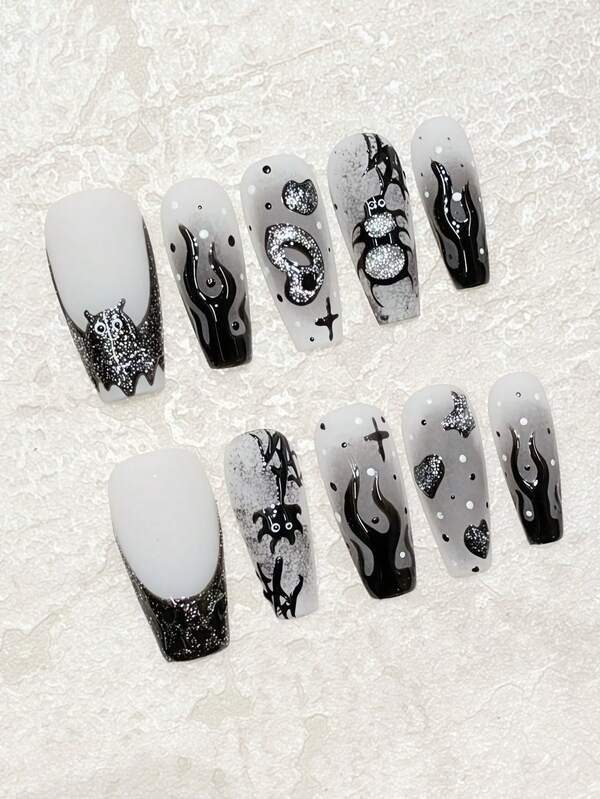 10pcs Halloween Nail Art Stickers, Dark Gothic Ghosts & Spiders Nail Decals, High-End Design For Parties, Gifts, Reusable Nail Wraps With Jelly Glue And Mini Nail Files