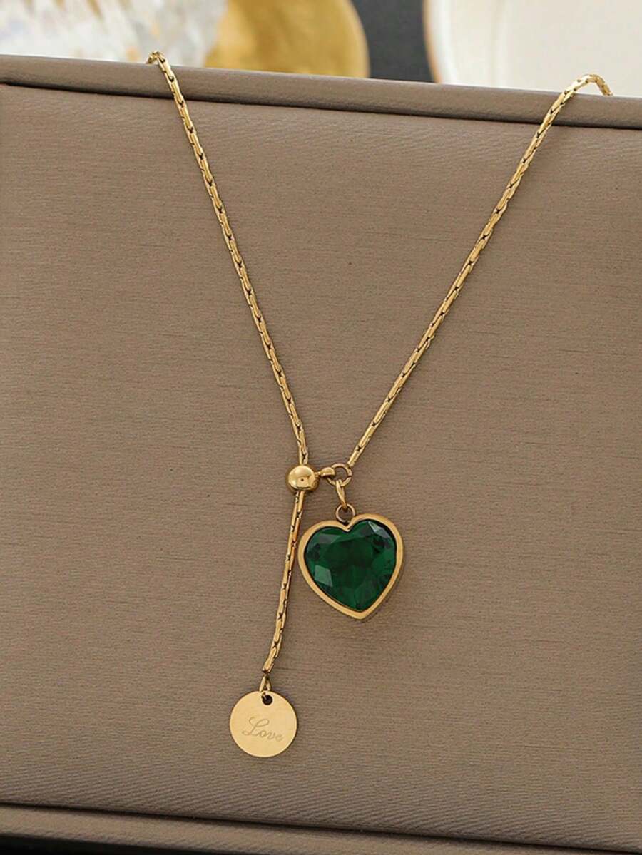 1pc Stainless Steel Emerald Diamond Heart Titanium Steel Necklace For Women, Minimalist Design, Adjustable Choker Necklace, Suitable For Daily Wear And Holiday Gifts