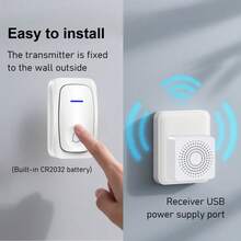 无线门铃家用智能迎宾门铃USB插电智能迎宾门铃三档音量38首歌曲安装简便无需布线无需连接WiFi即可使用 - 白色 - 查看 2