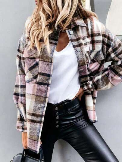 Women's Loose Vintage Plaid Long Sleeve Shirt Coat- Casual Western Style, Perfect For Daily Wear, Fall/Winter Holidays, Christmas & New Year