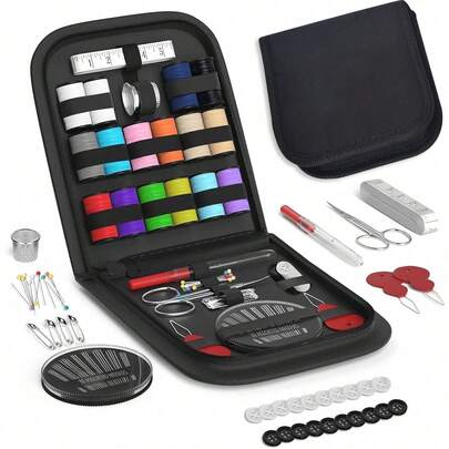 1 pieza Kit de costura, regalo para abuela, mamá, amiga, viajero, adultos, principiantes, emergencia, accesorios de costura con tijeras, agujas de coser, dedal, hilo, cinta métrica, etc. (Negro, S)