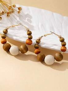 1 Pair Women Wooden Bead Hoop Earrings, Suitable For Daily Wear, Autumn/Winter