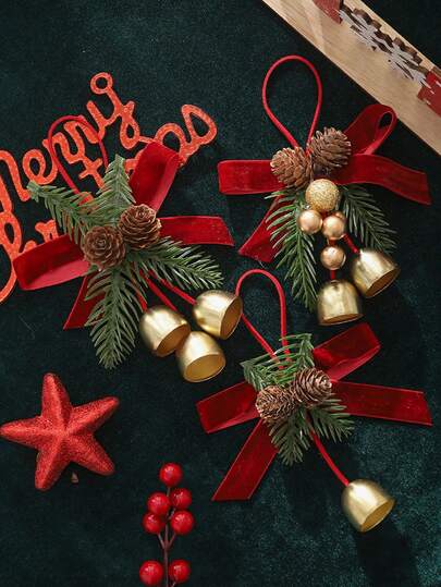 1 Piece Christmas Bow Tie With Metal Bells, Suitable For Trees, Gifts And Garlands - Plastic DIY Handcrafted Materials, Christmas Bell Decorations, Home Christmas Decorations, Outdoor Christmas Decorations, Holiday Tree Decorations, Holiday Bows Home Decor Room Decor Winter Christmas Decorations Home Christmas Gifts Christmas Decor