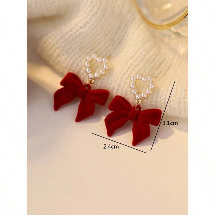 1 Par De Pendientes De Lazo De Perlas Falsas Negras Esponjosas, Delicados, Elegantes Y De Moda, Adecuados Para Uso Diario Y Fiestas De Mujeres, San Valentín