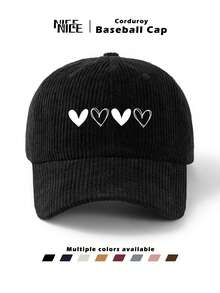 1pc Men's Heart Print Corduroy Baseball Cap, Unisex Retro Soft Top Baseball Hat, Thick Autumn/Winter Outdoor Adjustable Snapback, Suitable For Commuting, Outdoor, Travel, Sports, Golf, Fishing, Ideal Gift For Friends And Family