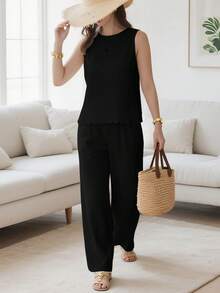 Summer Women'S Sleeveless Strappy Tie-Waist Pants, New Fashion Pants. - 黑色 - 查看 4