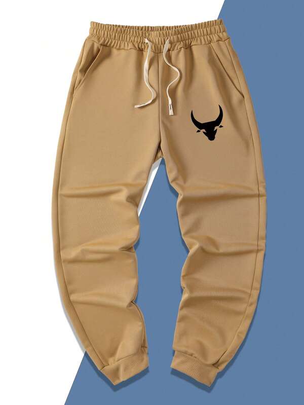 بنطلون كاجوال رجالي ذو تصميم متناسب مع طبعة بقرة، له جيوب، خصر مطاطي مع رباط للوقت الراحة، مناسب كهدية لزوج أو صديق ، للربيع/الصيف