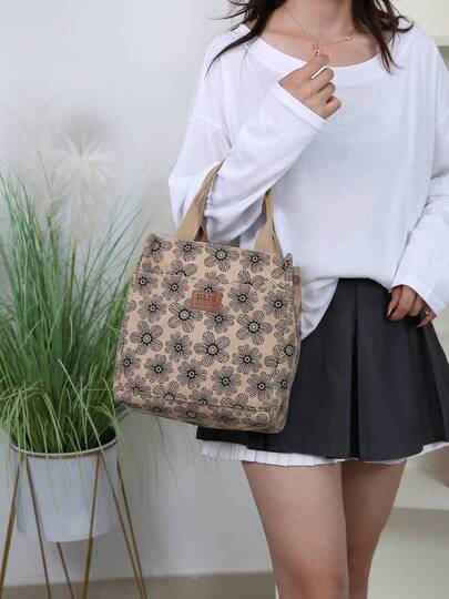 DLIU Thickened Corduroy Floral Print Fabric, Fashion, Minimalist, Retro Style Handbag, Lunch Box Tote Bag, Zipper Semi-Sealed, Front Zipper Pocket, Portable Shopping Bag, Multipurpose Bag, Lunch Bag, Bento Box Bag, Women's Bag, Large Capacity, Square Bag, Handheld Bag, Suitable For Outdoor Shopping, Strolling, School, Work Office, Daily Use For Traveling For Women Waterproof Bag Insulated Lunch Bag Lunchbox
