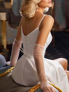 1 pereche mănuși lungi de mireasă cu buline din plasă, accesoriu pentru rochia de petrecere de nuntă, mănuși din dantelă pentru evenimente de afaceri, mănuși de nuntă la modă